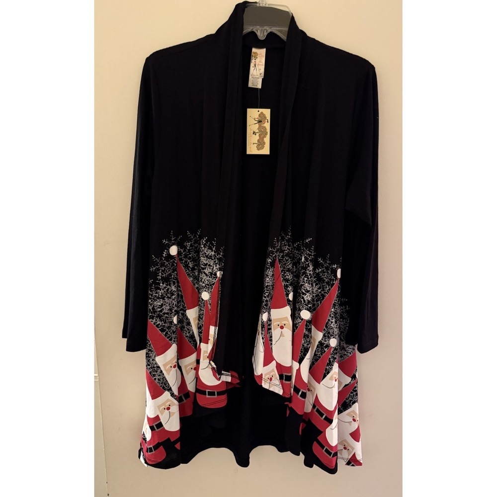 NWT A Walk In the Park Open Front Cardigan M Santa Claus Christmas Black Red
